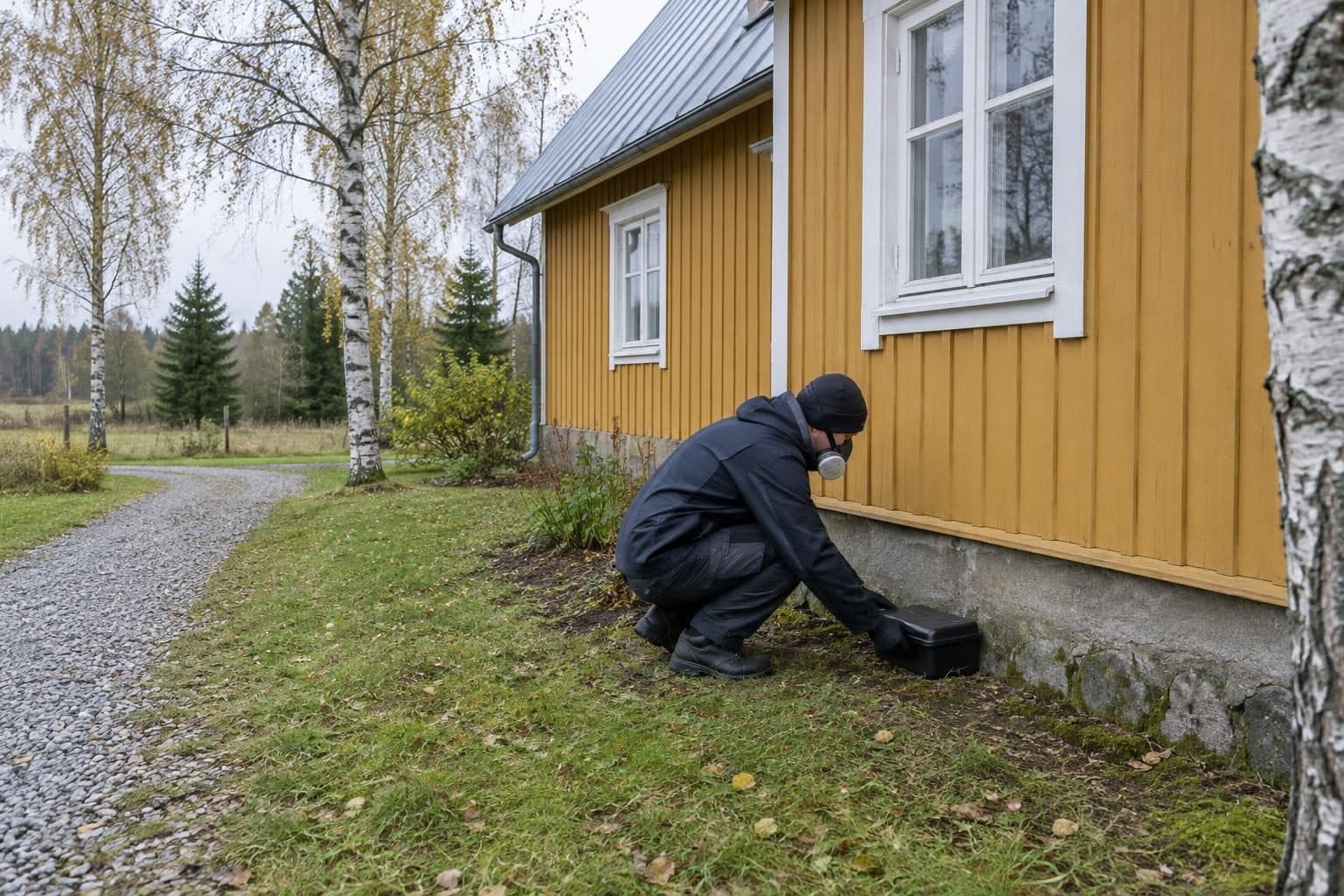 Kahjuritõrjuja paigaldab söödakasti puitmaja vundamendi äärde